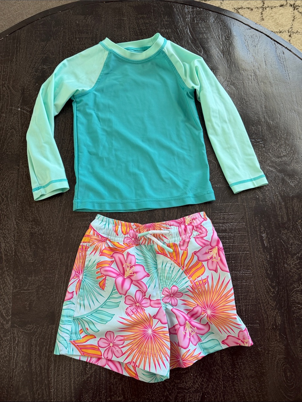Teal Long-Sleeve Swim Rash Guard Set with Tropical Floral Shorts